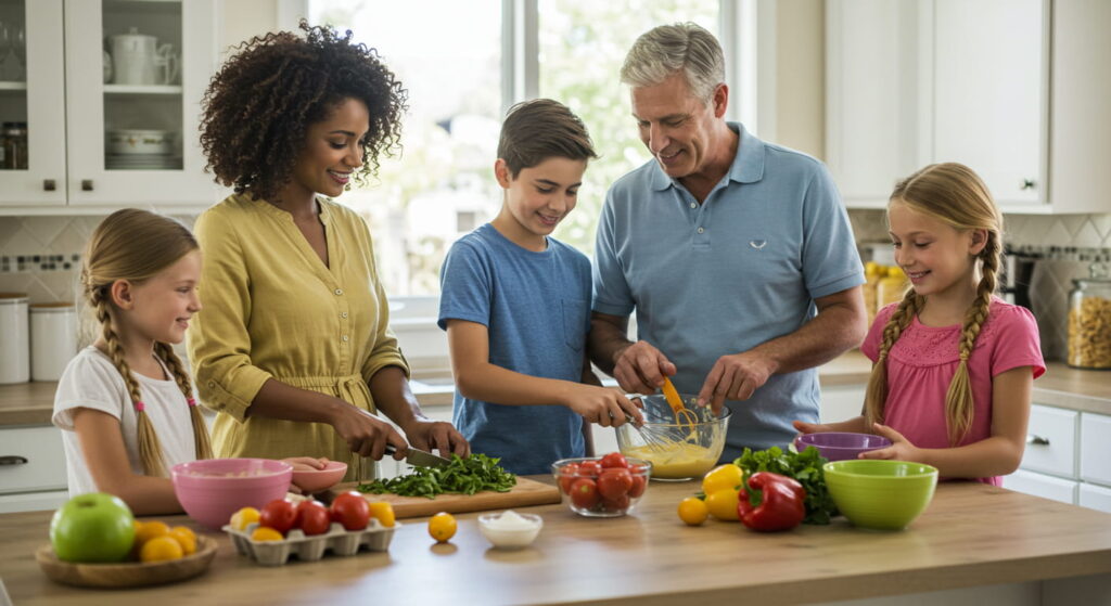 부엌에서 부모와 세 아이가 함께 채소를 손질하며 건강한 저녁 식사를 준비하는 모습