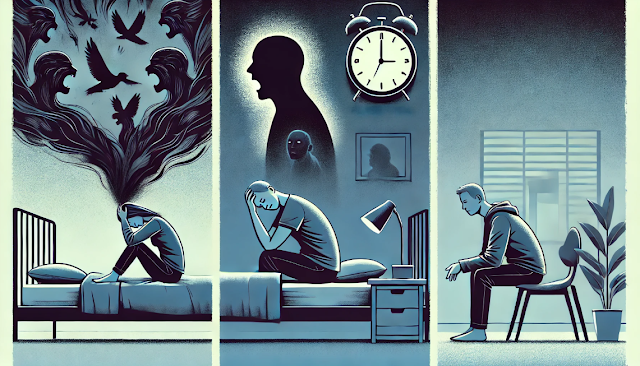 PTSD(외상 후 스트레스 장애)를 시각적으로 표현한 이미지. 플래시백을 경험하는 사람, 불면증으로 고통받는 사람, 사회적으로 위축된 사람을 묘사한 가로형 일러스트.