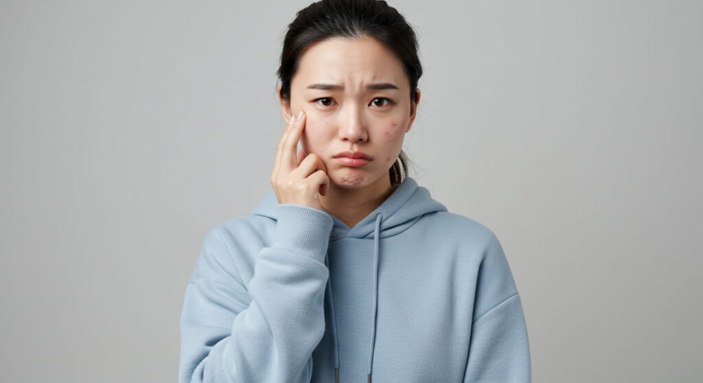 여드름 잡는 인삼 추출물 발견, 피부 트러블 걱정 끝? 여드름으로 고민하는 여성의 얼굴, 피부 트러블 개선을 위한 마이크로바이옴 스킨케어의 필요성을 나타내는 이미지
