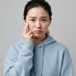여드름으로 고민하는 여성의 얼굴, 피부 트러블 개선을 위한 마이크로바이옴 스킨케어의 필요성을 나타내는 이미지
