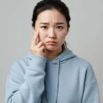 여드름으로 고민하는 여성의 얼굴, 피부 트러블 개선을 위한 마이크로바이옴 스킨케어의 필요성을 나타내는 이미지