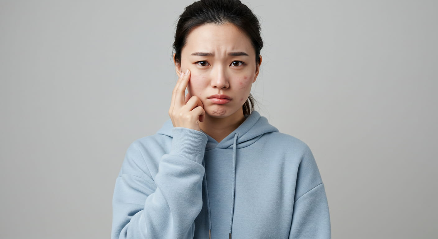 여드름으로 고민하는 여성의 얼굴, 피부 트러블 개선을 위한 마이크로바이옴 스킨케어의 필요성을 나타내는 이미지