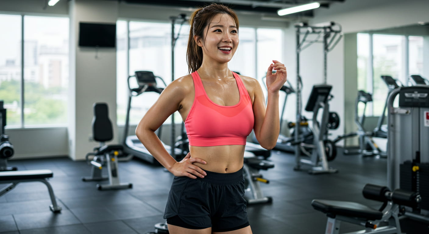 고강도 서킷 트레이닝을 헬스장에서 수행 중인 여성, 전신 운동과 체지방 감소 강조