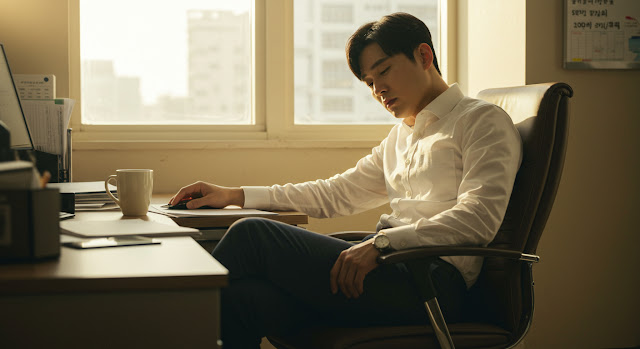 사무실에서 춘곤증으로 인해 졸음을 참으며 피로감을 느끼는 직장인의 모습