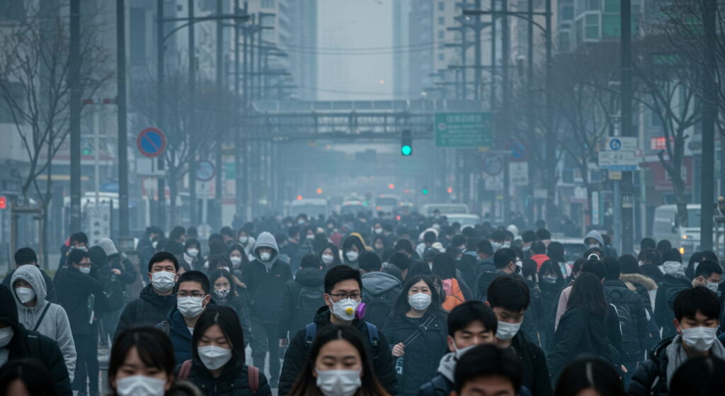 초미세먼지보다 더 작은 먼지, 폐를 넘어 혈관까지 위협 대기오염이 심한 도심 거리에서 마스크를 착용하고 이동하는 시민들