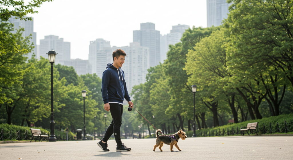 반려동물이 전하는 정서적 안정과 관계의 연결고리 현재 이미지: 도시 공원에서 반려견과 산책 중인 청년 남성의 모습 – 정서적 안정과 사회적 관계 형성의 상징