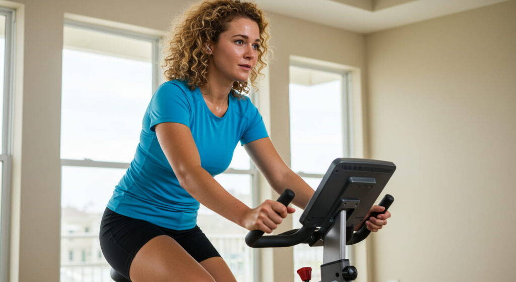 실내에서 자전거 운동을 하는 여성. 면역 건강과 관련한 중강도 유산소 운동을 상징하는 장면.