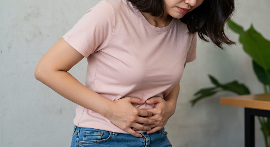 과민성 대장 증후군 완화… ‘유산균+비타민D’ 연구 결과 발표 복통을 호소하는 여성, 과민성 대장 증후군 증상 대표 이미지
