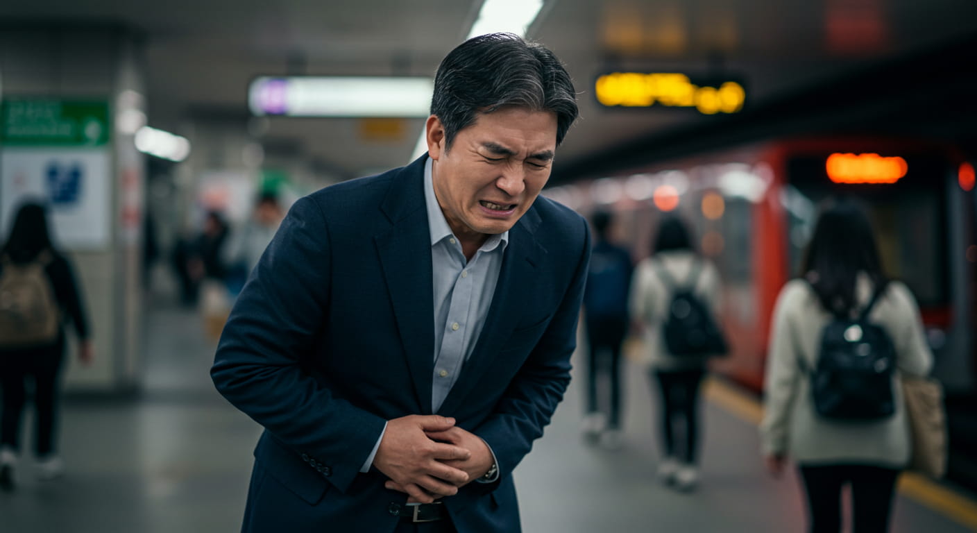 지하철역에서 복통을 호소하며 배를 움켜쥔 중년 남성