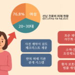2025년 한국소비자원 자료를 바탕으로 한 선납 진료비 피해 현황 인포그래픽. 여성 76.8%, 20~30대 피해 집중을 나타내는 원형 그래프와 함께, 사전 계약서 체크리스트, 표준 계약서 도입, 반복 피해 기관 공개, 소액 조정제도 확대, 법률 개정 추진 등 주요 대응 방안을 소개함.