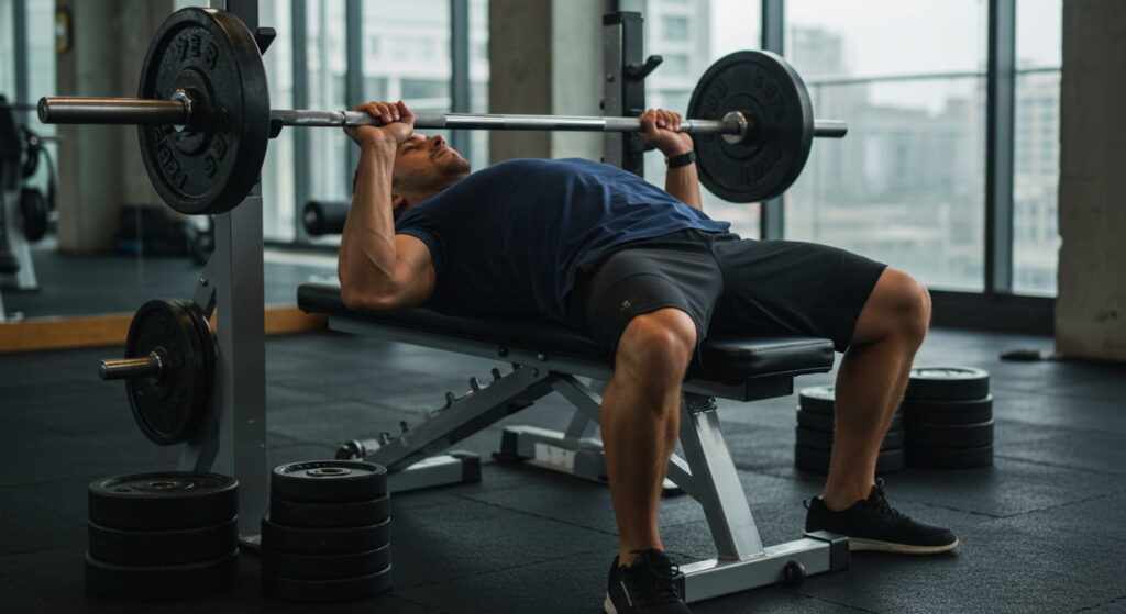 벤치프레스를 수행하는 남성, 고중량 훈련 클러스터 세트 적용 예시