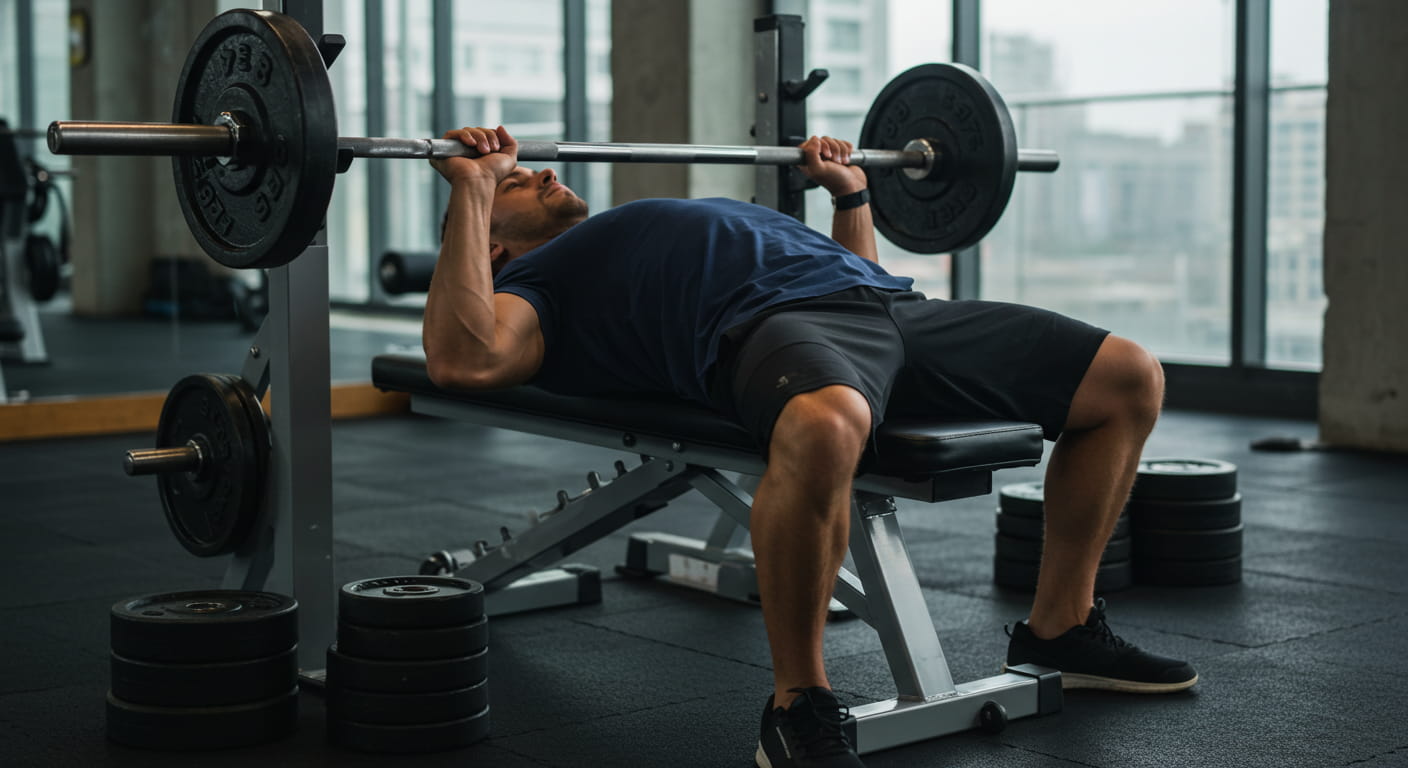 벤치프레스를 수행하는 남성, 고중량 훈련 클러스터 세트 적용 예시