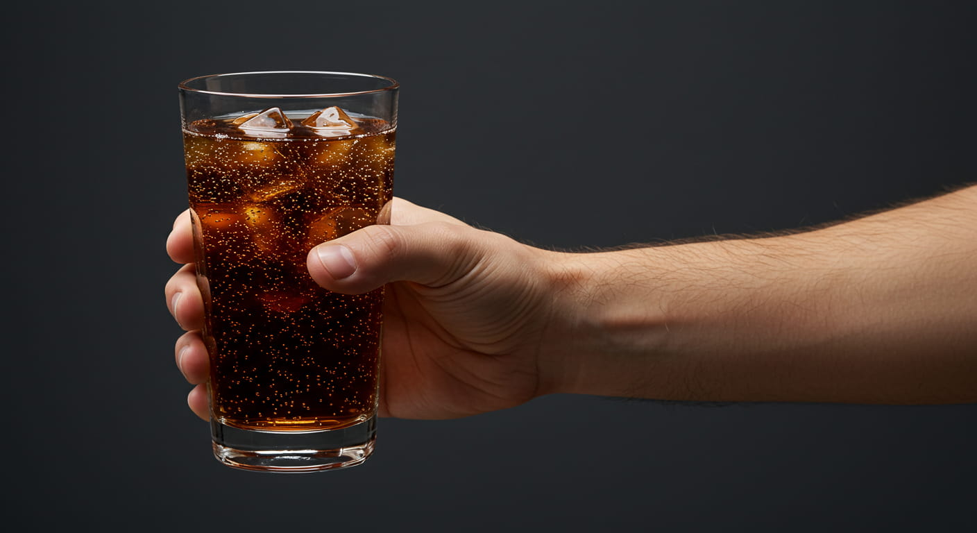 얼음이 담긴 탄산음료를 손에 들고 있는 모습. 인공감미료가 포함된 제로 음료를 상징하며, 건강 위험성과의 연관성을 암시함.