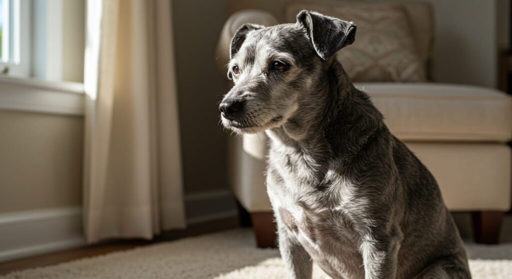 실내 햇살을 받으며 앉아 있는 회색 털의 고령견 모습